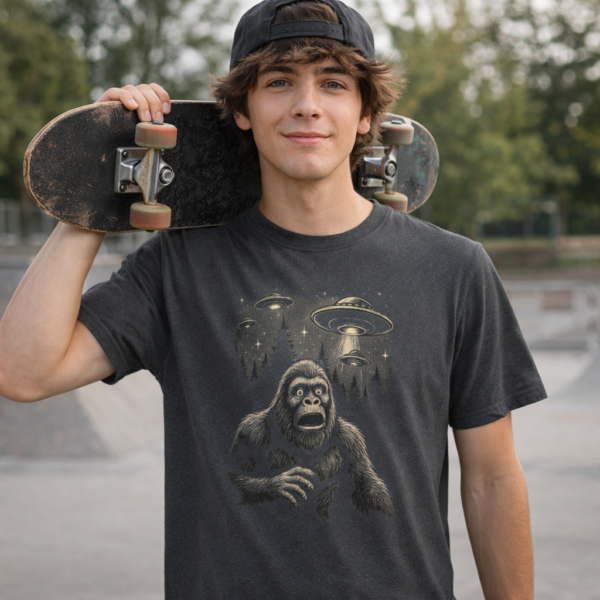 Bigfoot vs Aliens T-Shirt – Cryptid UFO Encounter Graphic Tee